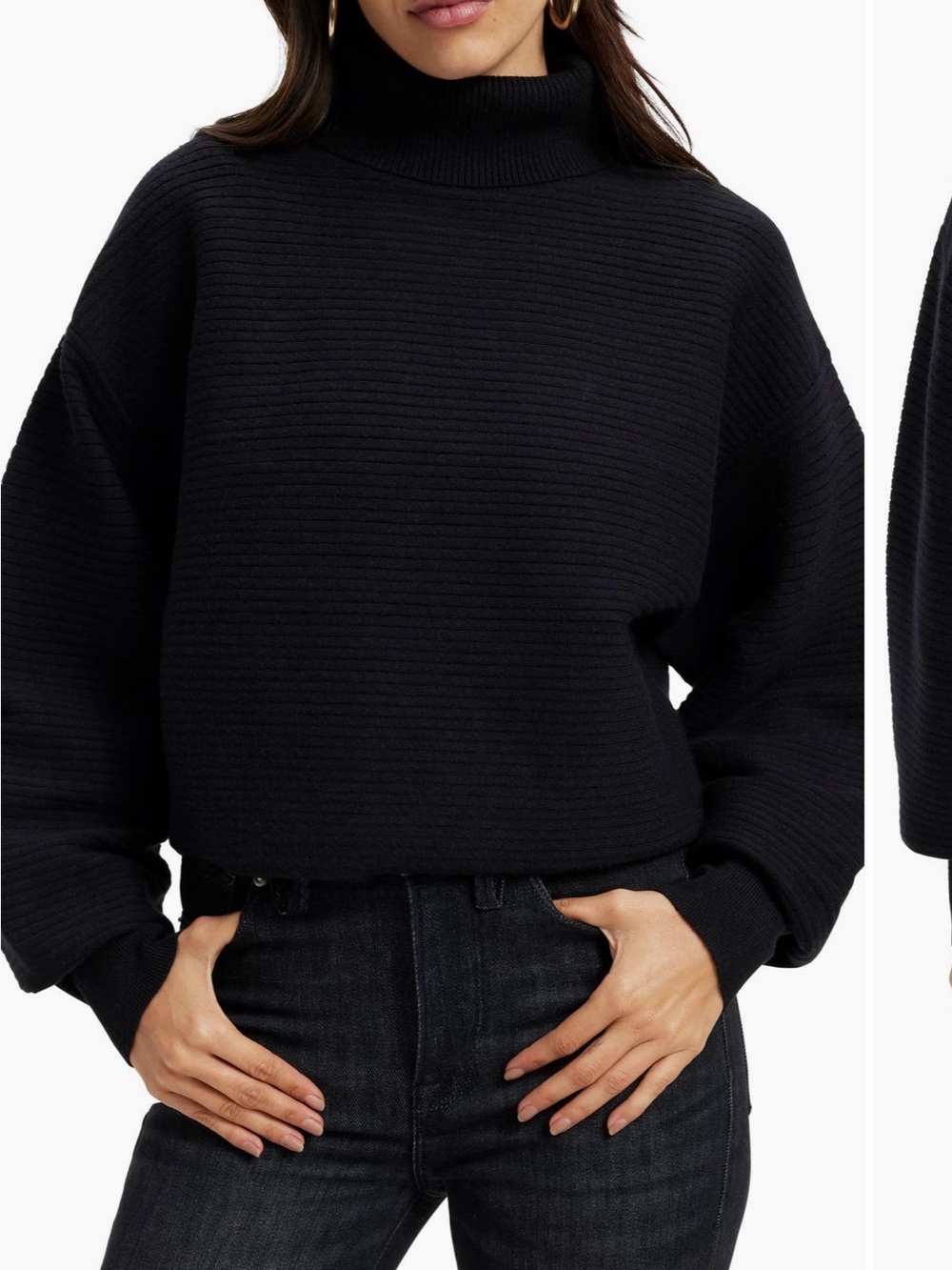 Good American Wide Rib Cropped Black Turtleneck Sweater